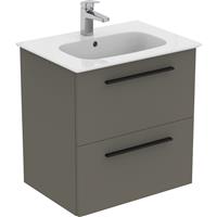 Ideal Standard i. life A Double Drawer Wall Hung Vanity Unit with Basin Matt 600mm with Matt Black Handles in Quartz Grey