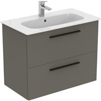 Ideal Standard i. life A Double Drawer Wall Hung Vanity Unit with Basin Matt 800mm with Matt Black Handles in Quartz Grey