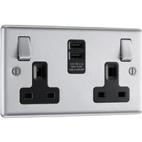 BG Brushed Steel USB 13A Black Insert Switched Socket 2 Gang + 2 USB (3.1A) in Silver Stainless Steel