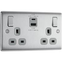 BG Nexus Metal Brushed Steel Switched Socket With USB A+C 22W 2 Gang (13A) in Silver Plastic
