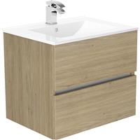 Newland Double Drawer Wall Hung Vanity Unit With Basin Natural 600mm in Oak MFC