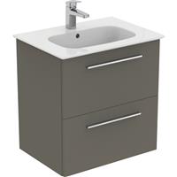 Ideal Standard i. life A Double Drawer Wall Hung Vanity Unit with Basin Matt 600mm with Brushed Chrome Handles in Quartz Grey