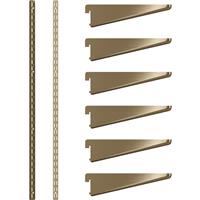 Rothley Antique Twin Slot Shelving Kit 1980mm Uprights (x2) & 120mm Brackets (x6) in Brass Steel