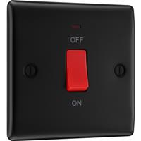 BG Nexus Metal Matt 45A Square Double Pole Switch 1 Gang + Neon in Black Plastic