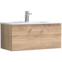 Nuie Arno Single Drawer Wall Hung Vanity Unit Bleached 800mm With Minimalist Basin in Oak MFC