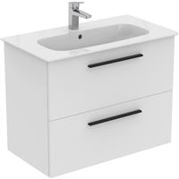 Ideal Standard i. life A Double Drawer Wall Hung Vanity Unit with Basin Matt 800mm with Matt Black Handles in White