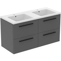 Ideal Standard i. life B 4 Drawer Wall Hung Unit with Double Basin Matt 1200mm with Matt Black Handles in Quartz Grey