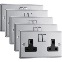 BG Brushed Steel 13A DP Black Insert Switched Socket 2 Gang (5 Pack) in Silver Stainless Steel