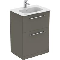 Ideal Standard i. life A Double Drawer Floor Standing Vanity Unit with Basin Matt 600mm with Brushed Chrome Handles in Quartz Grey