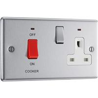 BG Brushed Steel 45A White Insert Cooker Unit 45A Double Pole + Socket + Neon in Silver Stainless Steel