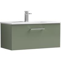 Nuie Arno Single Drawer Wall Hung Vanity Unit Satin 800mm With Minimalist Basin in Green MFC