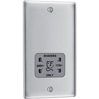BG Nexus Metal Brushed Steel Dual Voltage 115/240V Shaver Socket 2 Gang Vertical in Silver Plastic
