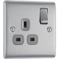 BG Nexus Metal Brushed Steel 13A Switched Socket 1 Gang in Silver Plastic