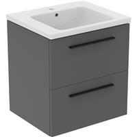 Ideal Standard i. life B Double Drawer Wall Hung Unit with Basin Matt 600mm with Matt Black Handles in Quartz Grey