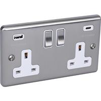 Wessex Electrical Wessex Brushed Steel White USB A & C Type Switched Socket 2 Gang 3.1A in Silver