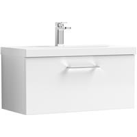 Nuie Arno Single Drawer Wall Hung Vanity Unit Gloss 800mm With Slim Edge Basin in White MFC