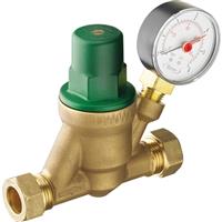 Reliance Valves Adjustable Pressure Reducing Valve with Gauge 15mm in Gold Dzr Brass