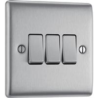 BG Nexus Metal Brushed Steel Switch 20A 16AX 3 Gang 2 Way in Silver Plastic