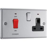 BG Brushed Steel 45A Black Insert Cooker Unit 45A Double Pole + Socket + Neon in Silver Stainless Steel
