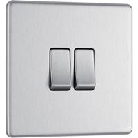 BG Screwless Flat Plate Brushed Stainless Steel Light Switch 2 Gang 2 Way 20A-16AX in Silver