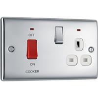 BG Nexus Metal Polished 45A Cooker Switch & 13A DP Switched Socket 2 Gang + Neons CCU in Chrome Plastic