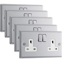 BG Brushed Steel 13A DP White Insert Switched Socket 2 Gang (5 Pack) in Silver Stainless Steel