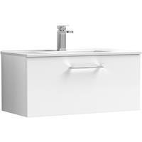 Nuie Arno Single Drawer Wall Hung Vanity Unit Gloss 800mm With Minimalist Basin in White MFC