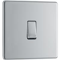 BG Screwless Flat Plate Polished Light Switch 1 Gang 2 Way 20A-16AX in Chrome Steel
