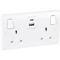 BG 13A Low Profile SP A & C Type USB Switched Socket 2 Gang 2 USB 4.1A in White Plastic
