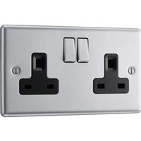 BG Brushed Steel 13A DP Black Insert Switched Socket 2 Gang in Silver Stainless Steel