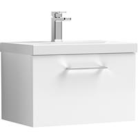 Nuie Arno Single Drawer Wall Hung Vanity Unit Gloss 600mm With Slim Edge Basin in White MFC