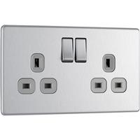 BG Screwless Flat Plate Brushed Stainless Steel 13A DP Switched Socket 2 Gang in Silver
