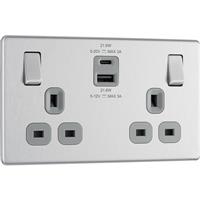 BG Screwless Flatplate Brushed Steel 13A Power Socket With USB A+C 22W 2 Gang in Silver Plastic