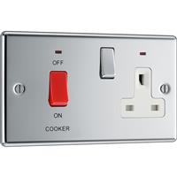 BG Polished 45A Double Pole Switch 45A Double Pole + Socket + Neon in Chrome Steel