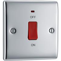 BG Nexus Metal Polished 45A Square Double Pole Switch 1 Gang + Neon in Chrome Plastic