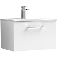 Nuie Arno Single Drawer Wall Hung Vanity Unit Gloss 600mm With Minimalist Basin in White MFC