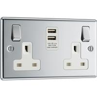 BG Polished USB 13A Switched Socket 2 Gang + 2 USB (3.1A) in Chrome Steel