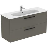 Ideal Standard i. life A Double Drawer Wall Hung Vanity Unit with Basin Matt 1200mm with Matt Black Handles in Quartz Grey