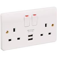 MK 13A USB Switched Socket 2 Gang + 2 USB in White Plastic