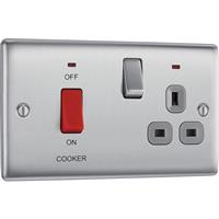 BG Nexus Metal Brushed Steel 45A Cooker Switch & 13A DP Switched Socket 2 Gang + Neons CCU in Silver Plastic