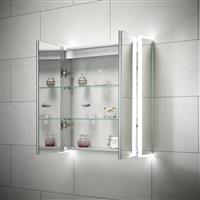 Sensio Ainsley LED Mirror Bathroom Cabinet Double Door With Shaver Socket & Bluetooth Cool White 700 x 664mm in Silver Aluminium