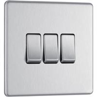 BG Screwless Flat Plate Brushed Stainless Steel Light Switch 3 Gang 2 Way 20A-16AX in Silver