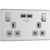 BG Screwless Flat Plate Brushed Steel 13A SP USB Switched Socket 2 Gang in Silver Stainless Steel