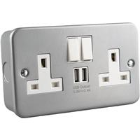 Wessex Electrical Wessex Metal Clad USB Switched Socket 13A 2 Gang 2 USB in Silver