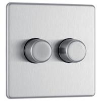 BG Brushed Screwless Flatplate Wall Dimmer Switch 2 Gang in Steel
