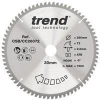 Trend Wood/Chipboard/MDF Circular Saw Blade 260 x 30mm 72T CSB/CC26072 in Silver Steel