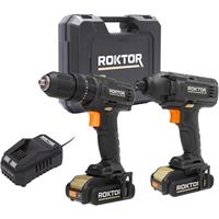 ROKTOR 18V Cordless Combi Drill & Impact Driver Twin Pack 2 x 2.0Ah in Black Rubber/Steel