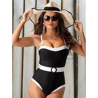 Pour Moi Removable Straps Belted Control Swimsuit - Black/White