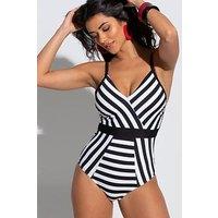 Pour Moi Stripe Panelled Control Swimsuit - Black/White