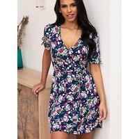Pour Moi Bella Slinky Jersey Tie Sleeve Tea Dress - Dark Floral